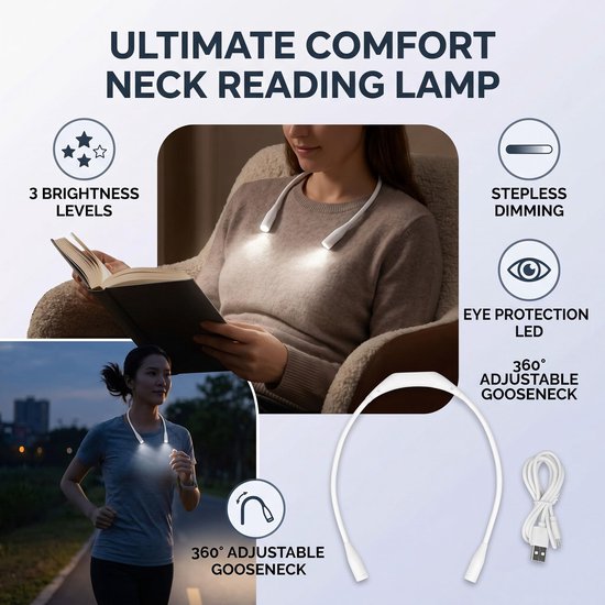 SnelShoppen - Oplaadbare USB-LED Neklamp met 3 Helderheidsniveaus - Flexibele Zwanenhals voor Lezen, Hardlopen en Repareren - Comfortabel Dragen - 100 van Snelshoppen — afbeelding 3