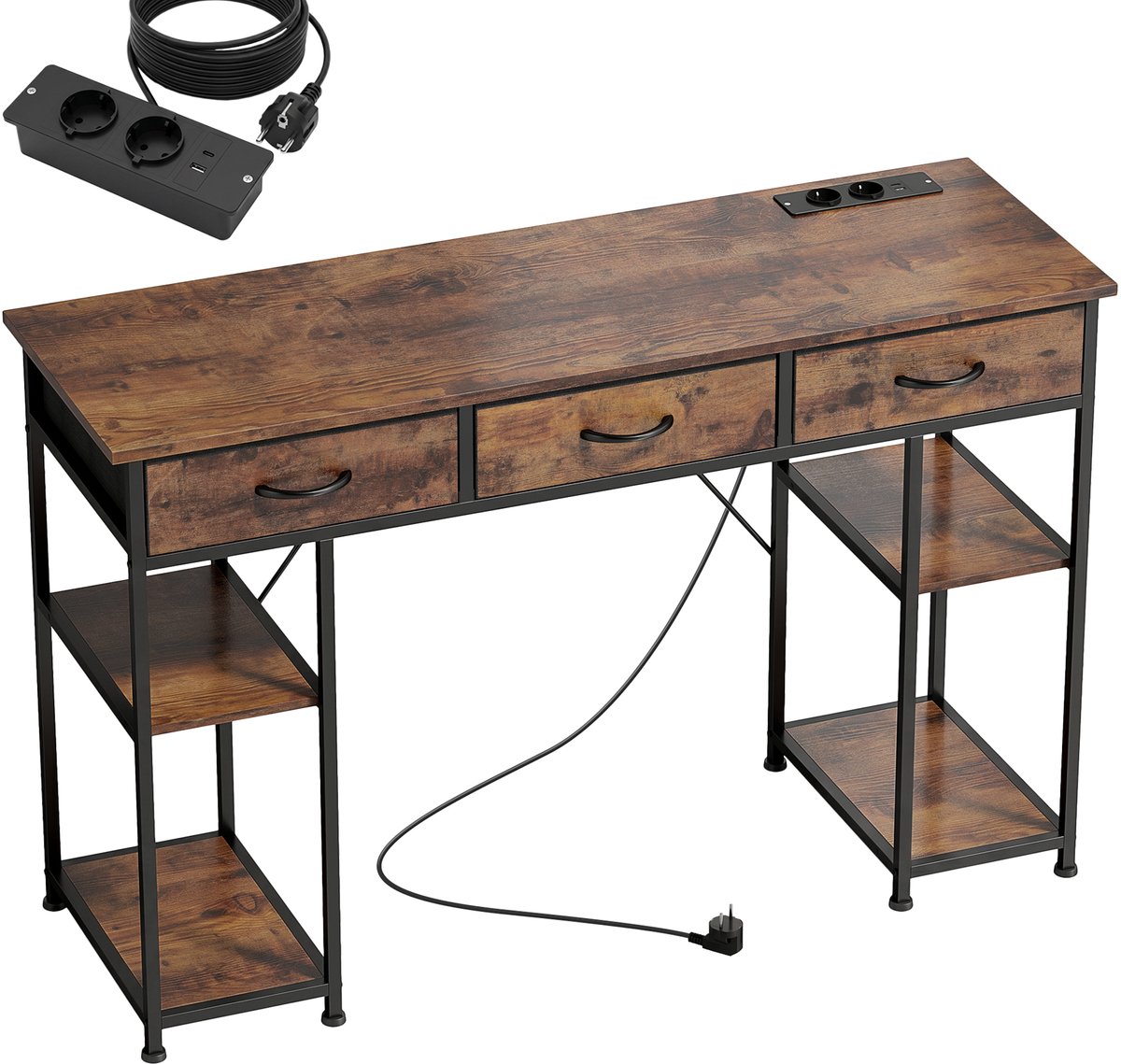 TEKROA® Bureau Computertafel met Stopcontact en USB- met 3 Stoffen Lades & Verstelbare Planken - Thuiswerkplek - Werkplek - 120x40 cm - Bruin