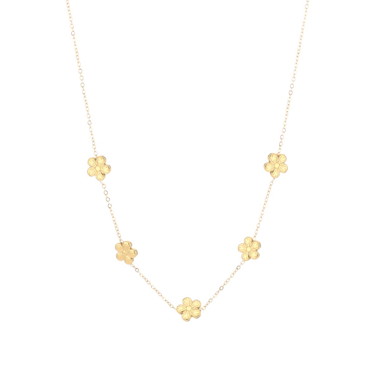 Luxe Schakelketting Stainless Steel - Elegante Ketting met Bloemen Bedels - Chique Dames Sieraad - Goud