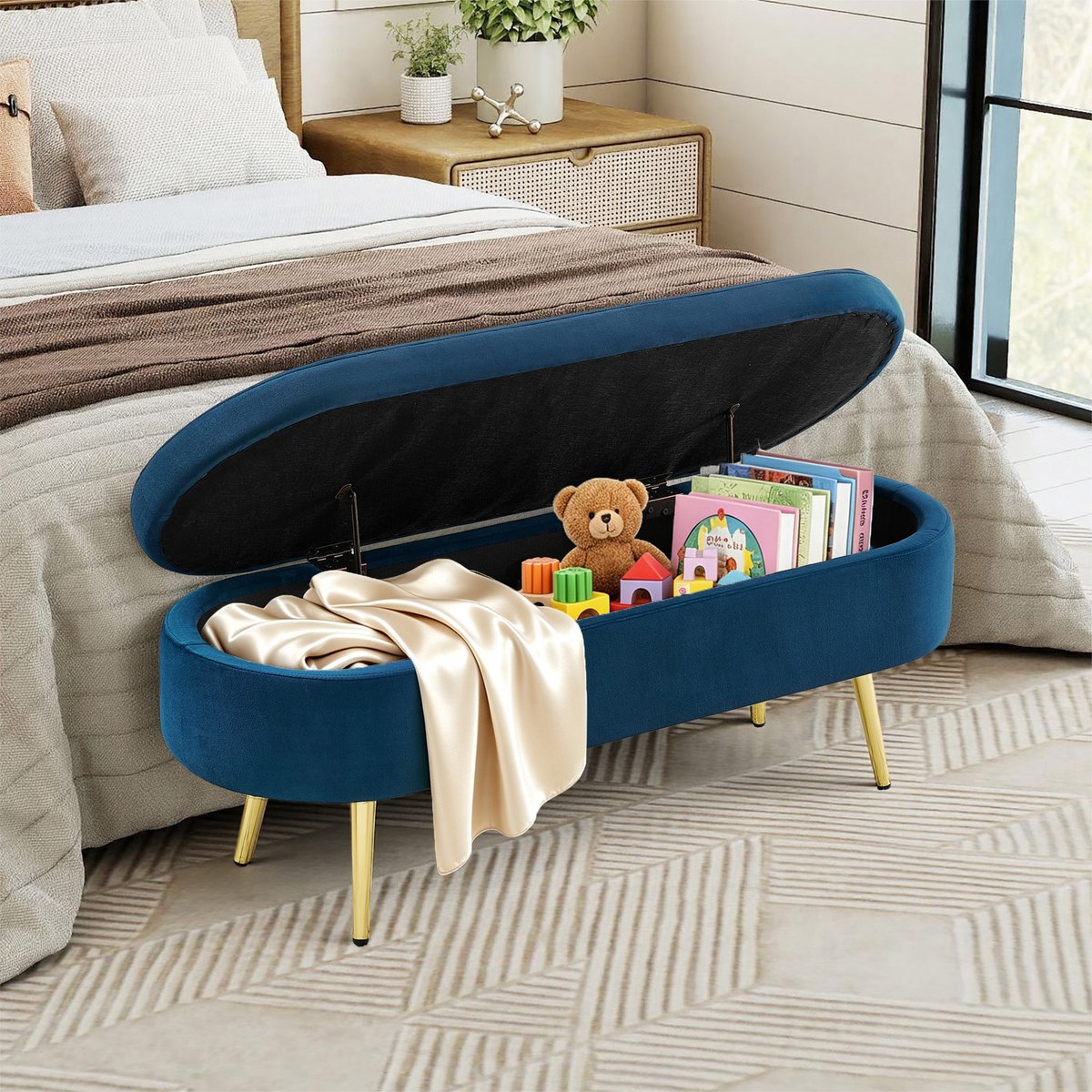 Multifunctionele opbergkruk - Opbergbank - Gestoffeerde kruk - Bank - Woonaccessoire - 110x40x42cm - Geschikt voor slaapkamers, woonkamers, hallen en entrees; biedt ruimte voor beddengoed, schoenen en accessoires - Blauw