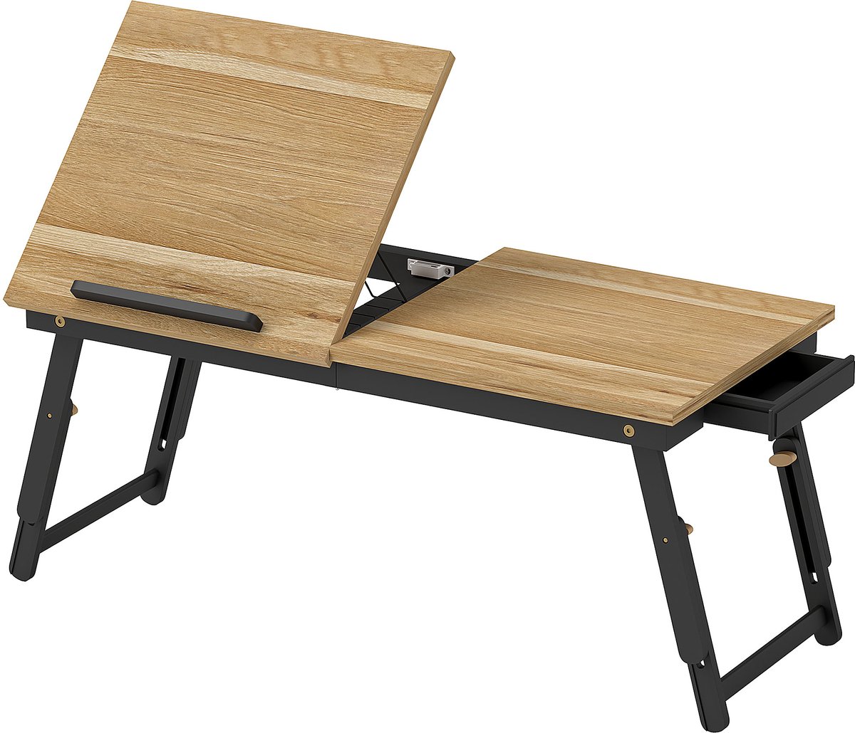 TEKROA® Verstelbare Laptoptafel voor op Bed en Bank - Bedtafel -Opvouwbaar Schootbureau met Kantelbaar Blad & Lade - 83x33 cm - Eiken