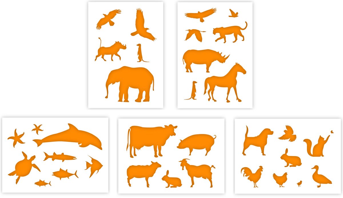 QBIX Dieren Sjablonen set – 5x A5 Formaat Dier Stencils – Afrikaanse Boerderij en zeedieren – 5 stuks - 0.3 mm dikte