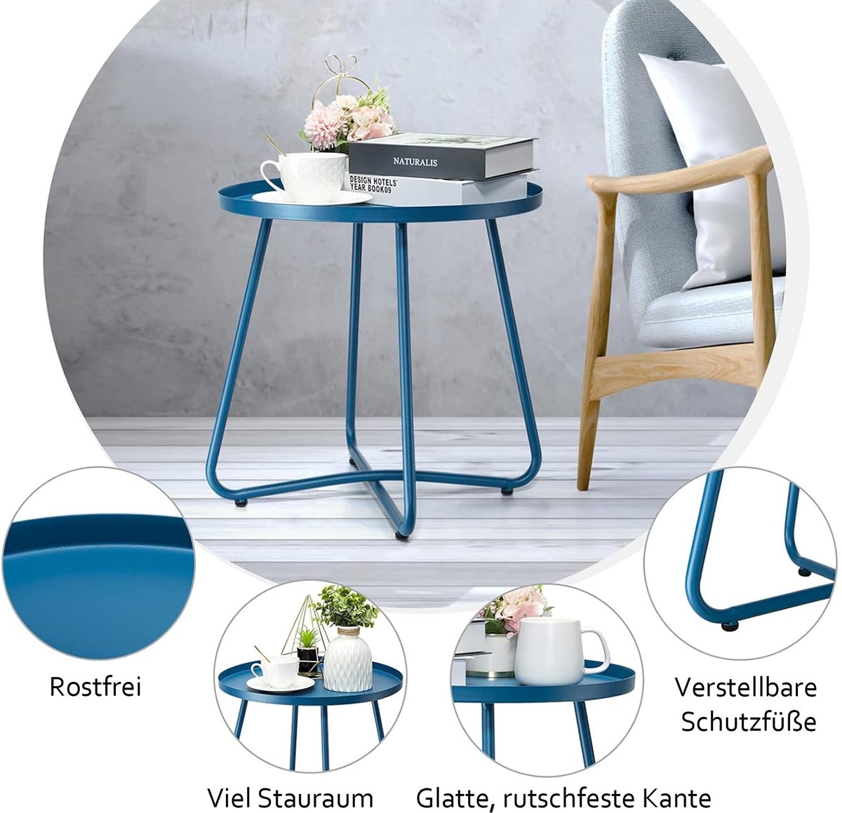 SnelShoppen - Weerbestendige stalen outdoor bijzettafel - Ronde metalen bijzettafel voor terras, tuin, balkon - Kleine blauwe patio bijzettafel voor b