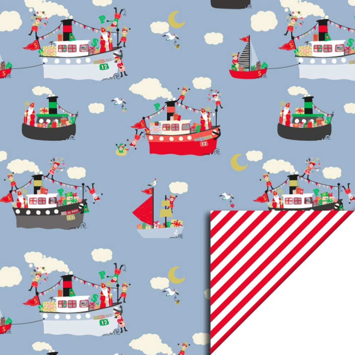 Dubbelzijdig inpakpapier Sint pakjes boot Blauw - Streep Rood - wit - 70 CM - 3 Meter lang - extra stevig