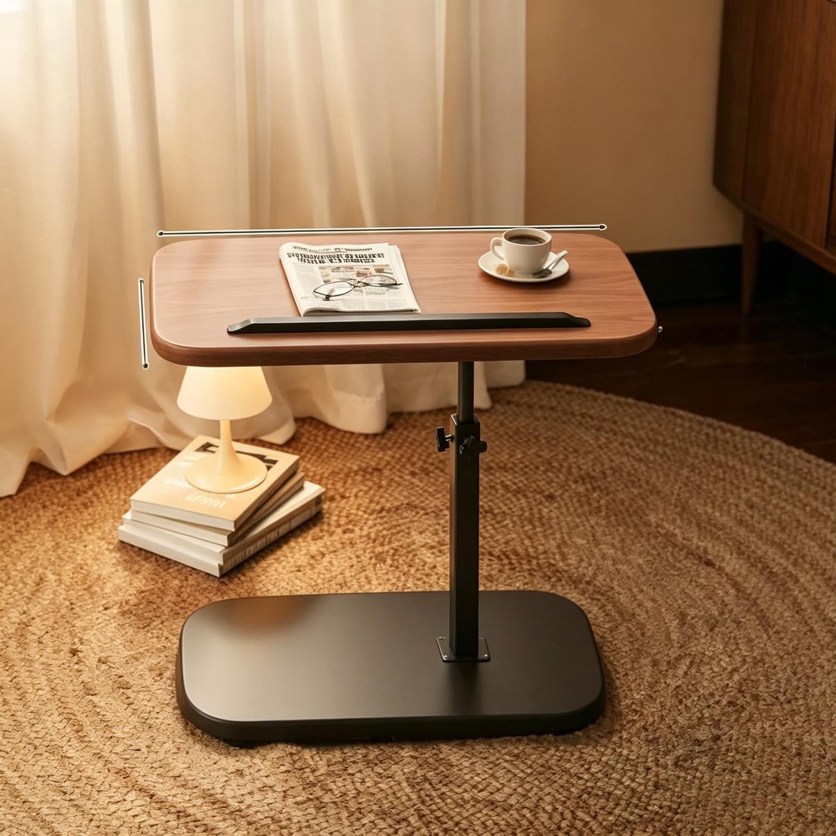 In hoogte verstelbare en opklapbare bijzettafel voor naast de bank bijzettafel voor de woonkamer salontafel kleine tafel verplaatsbaar nachtkastje walnootkleur + zwart frame