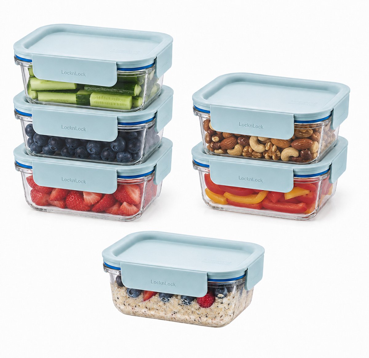 Lock&Lock Glazen Vershoudbakjes - Meal prep bakjes glas - Ovenschaaltjes met deksel - 380 ml - Mint deksel - Luchtdicht - BPA vrij - PFAS vrij - Airfryer bakjes - Bewaarbakjes - Vershoudbakjes glas - 1 persoons ovenschaal - Set van 6 stuks