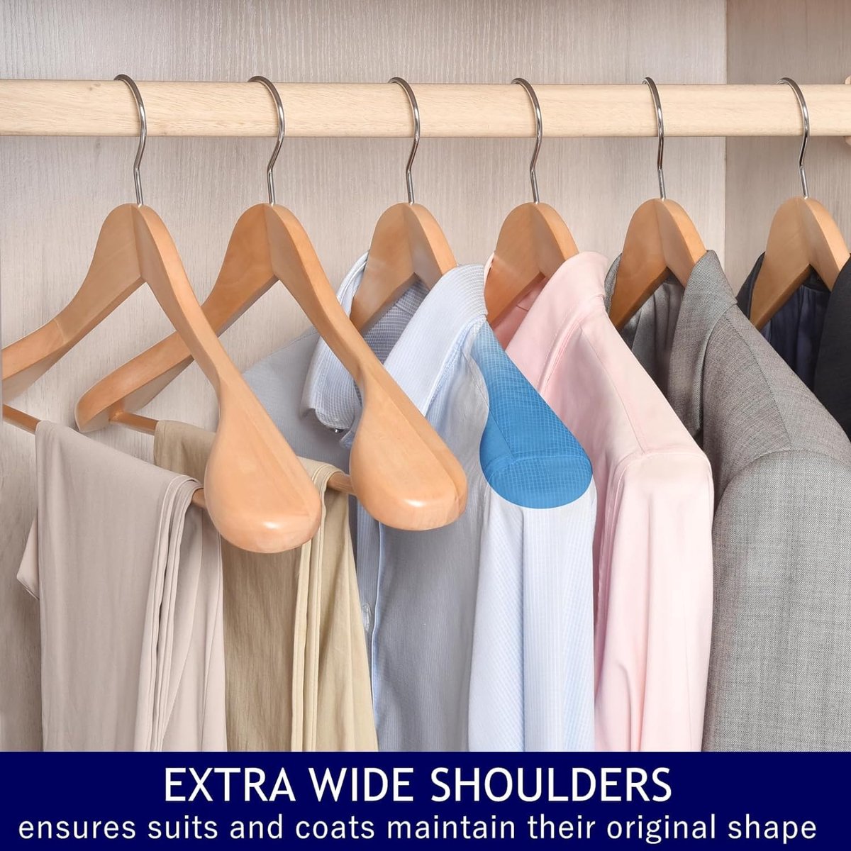 SnelShoppen - 10 Stuks Natuurlijke Houten Kleerhangers 44,5 cm met Brede Schouder en Antislip Broekstang - Heavy Duty Kledinghangers voor Jas, Broek,