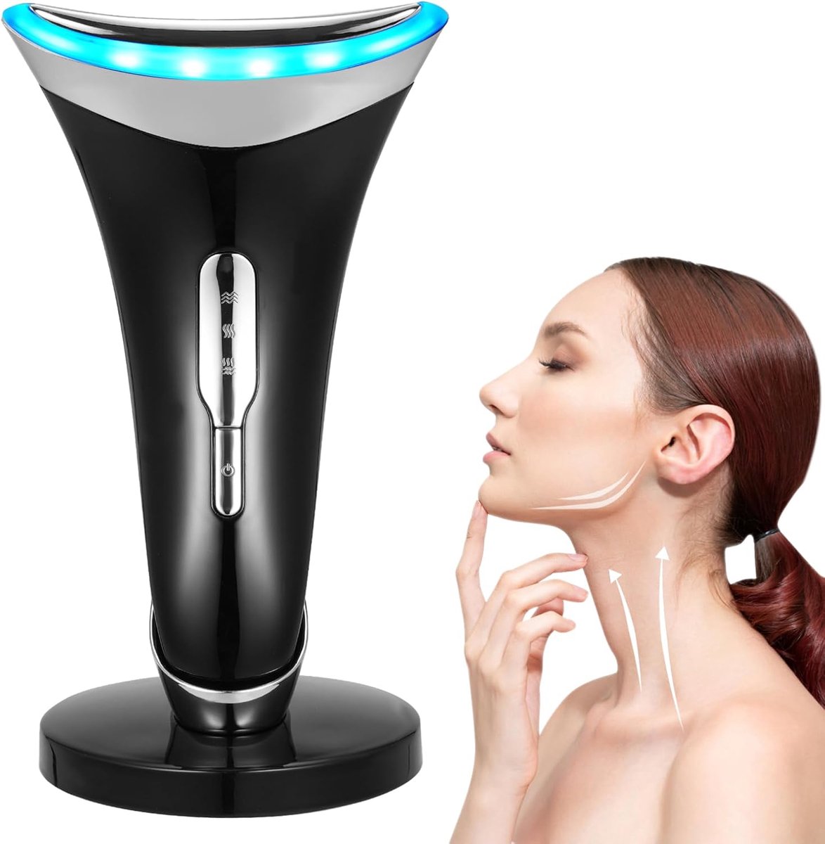 Elektrisch EMS Gua Sha gezichtsmassageapparaat, 3 modi, 45°C warmte en meerkleurig LED-licht, anti-rimpel huidversteviging voor gezicht en hals, kleur zwart