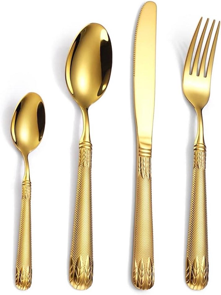 Bestekset - Servies Set - Dagelijks Eten - Vaatwasmachinebestendig - 16 Delig - Goudkleurig