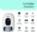 Wit Dreaver handmassageapparaat met digitale weergave. Toont 9 modi, 9 intensiteitsniveaus, 2 warmteniveaus, 3 timers, 3000mAh batterij, één-knops start, ventilatie, Shiatsu massage en luchtdruk massage.