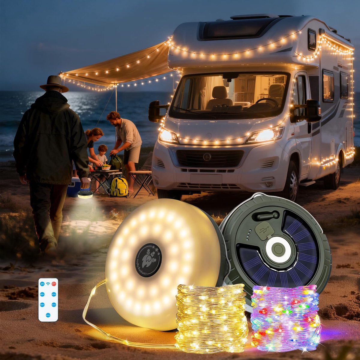 SnelShoppen - Tolesum 10m Lichtsnoer op Zonne-energie met Afstandsbediening, 5 Lichtmodi, USB Oplaadbaar, IP44 Waterdicht, Warm Wit voor Buiten, Campi