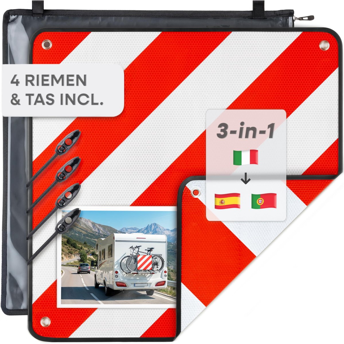 SnelShoppen - Prowiste Waarschuwingsbord Fietsendrager ECE R70 Goedgekeurd - Stevig Aluminium 50x50 cm - Eenvoudige Montage met Spanbanden voor Italië