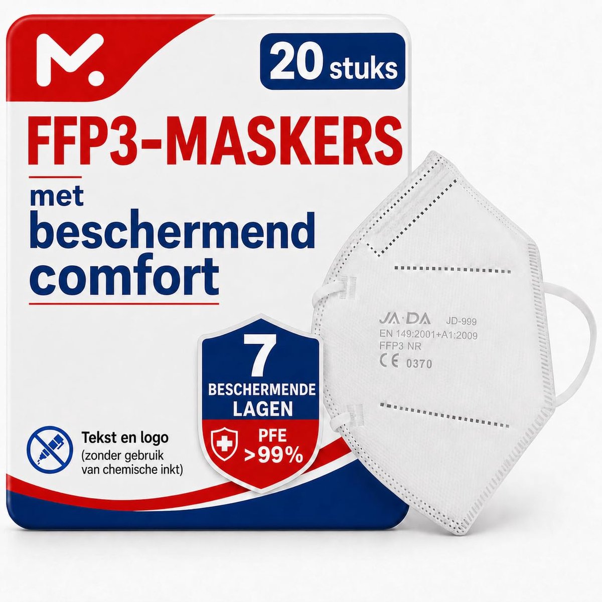 SnelShoppen - 20 FFP3 Maskers CE-gecertificeerd, 7 Lagen Gezichtsmasker zonder Ventiel voor Stof- en Deeltjesbescherming, Hoge Filterefficiëntie PFE≥9