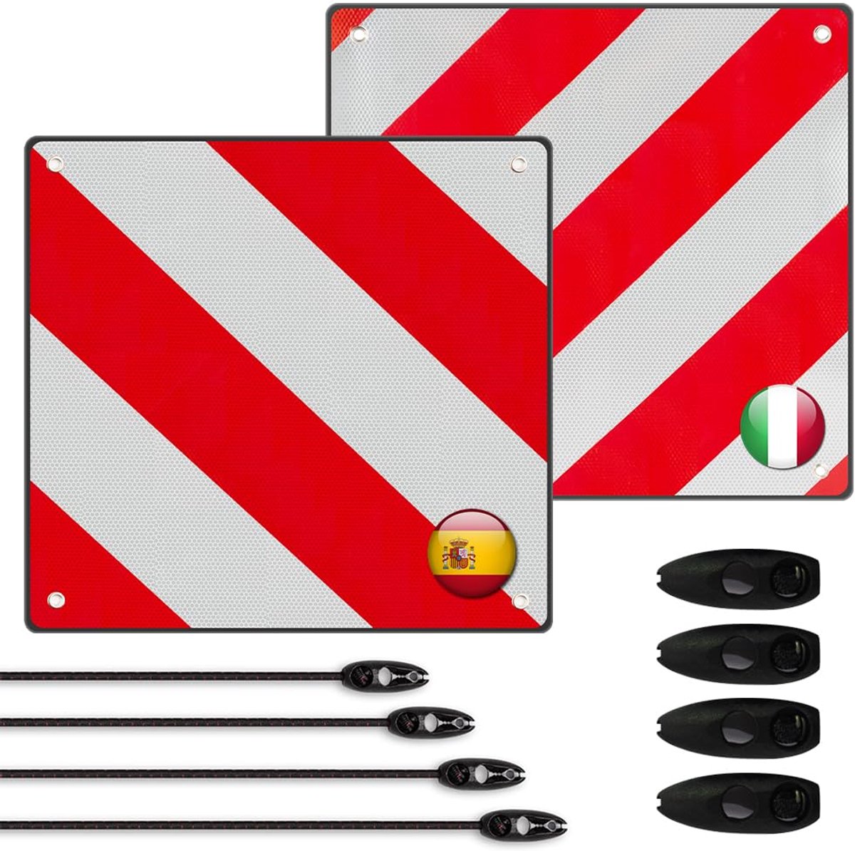 SnelShoppen - Waarschuwingsbord 50 x 50 cm, 2-in-1 Aluminium, Voor Fietsendragers, Achteraanhanger, Auto, Camper, Italië, Spanje, Inclusief 4 Touwen