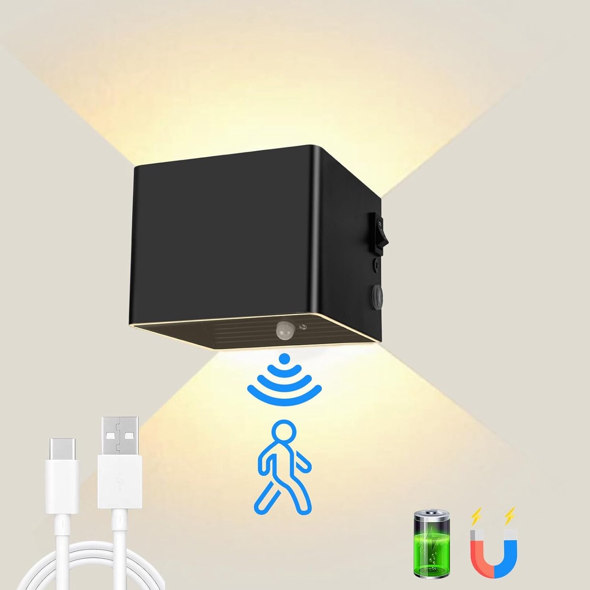 binnenwandlamp, 5W 4000mAh draadloze binnenwandlamp, met bewegingssensor, USB oplaadbare 3000K magnetische wandlampen voor slaapkamer, woonkamer, trap, gang