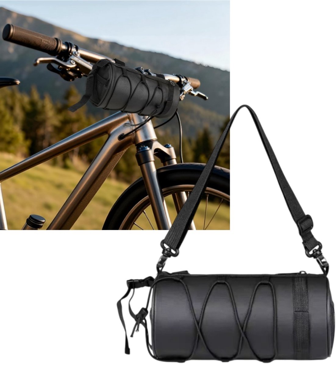 1 stuk - Opbergtas voor aan het stuur van de fiets - 2,5 liter, waterdichte stof - Fietstas - Draagtas voor de fiets - 22*10,5 cm - Voor mountainbikes en racefietsen, voor het opbergen van persoonlijke spullen - Zwart