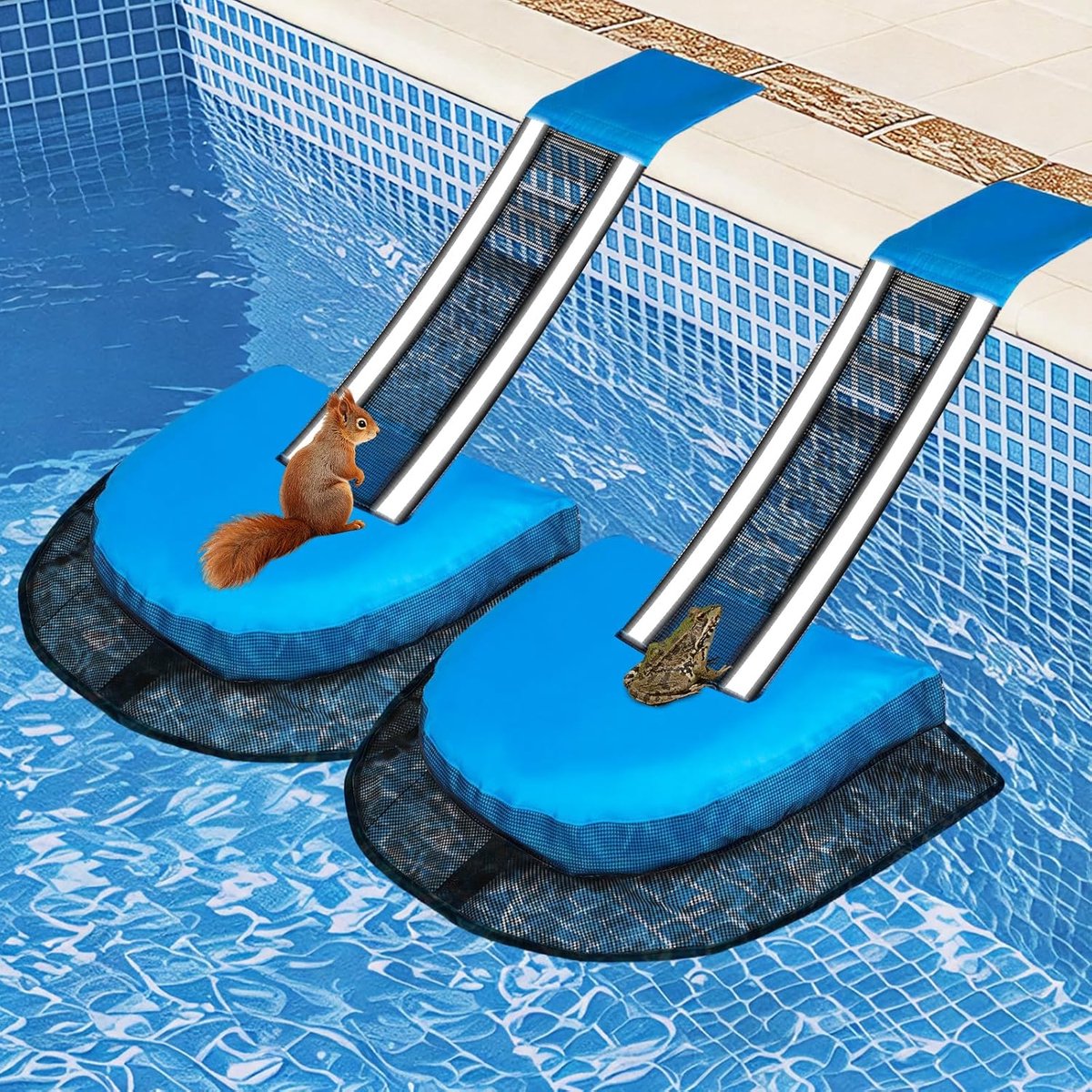 Zwembad accessoires - Opblaasbare zwembad ramp - Zwembad dierenuitgang - Reflecterende Strepen - Zwembad veiligheidsaccessoire voor kikkers, schildpadden en kleine dieren - Blauw - 2 stuks