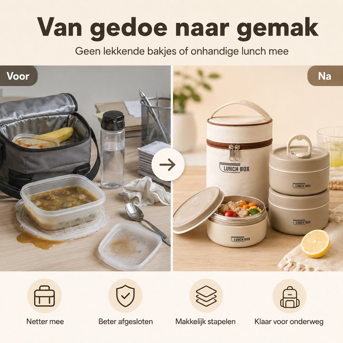 Bobypet - Bento Lunchbox Set met Bestek en Geïsoleerde Tas – 3 Stapelbare RVS Bakjes 1480 ml – Lekvrij en Vaatwasserbestendig – Voor Werk en School — cadeau in Koken & Dineren - foto 3