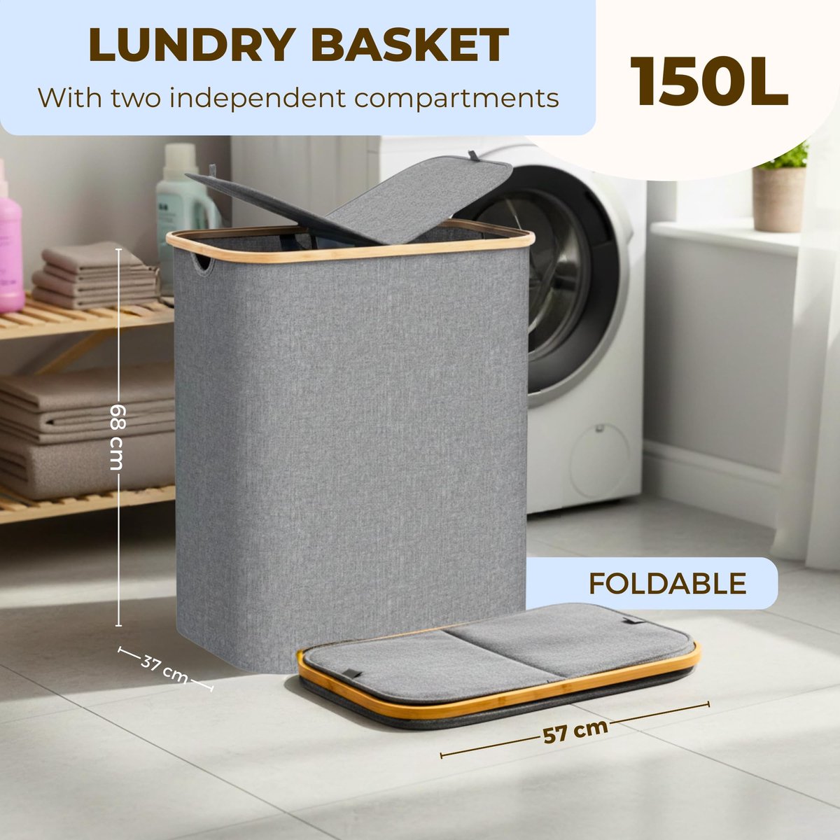 SnelShoppen - Wasmand 150L met Deksel, 2 Compartimenten, Inklapbare Wasmand met Verwijderbare Binnenzak en Handvatten, Ideaal voor Badkamer, Slaapkame