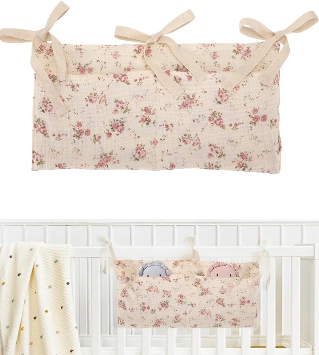 Set van 2 Roze Bloemenprint Baby Ledikant Hangopbergtassen | Dubbelvak Muisdoek Luier Opbergzak met Bindlinten