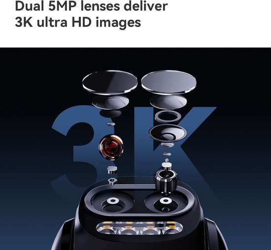 Exploded view van de Imou Cruiser Z camera met 3K resolutie, twee lenzen en onderdelen.