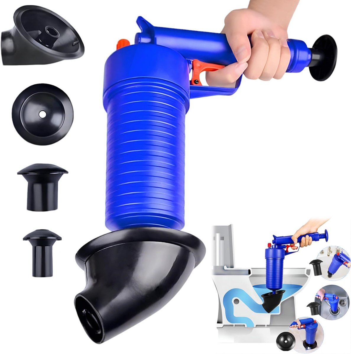 SnelShoppen - Krachige WC-ontstopper met hogedruk-luchtpomp, veelzijdige afvoerontstopper voor keuken, badkuip, douche, 4 zuignappen, krachtige reinig