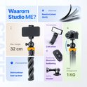Statief met telefoonhouder, maximale hoogte 32 cm. Toont accessoires: cold shoe, Bluetooth-afstandsbediening, GoPro-houder.