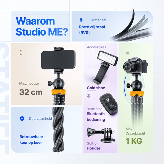 Statief met telefoonhouder, maximale hoogte 32 cm. Toont accessoires: cold shoe, Bluetooth-afstandsbediening, GoPro-houder.