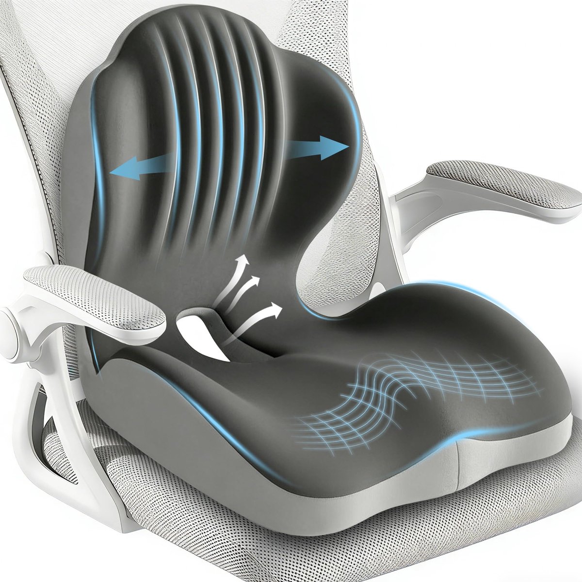 Orthopedisch Zitkussen met Rugsteun - Ergonomisch Zitkussen - Tegen Rugpijn & Stuitpijn - Rugkussen Auto - Lumbar Support - Memory Foam - grijs&zwart