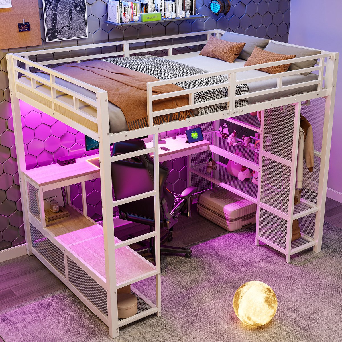 Hoogslaper 140x200 cm - Wit Metalen Bed Met Bureau, Kledingrek, LED En USB Poort