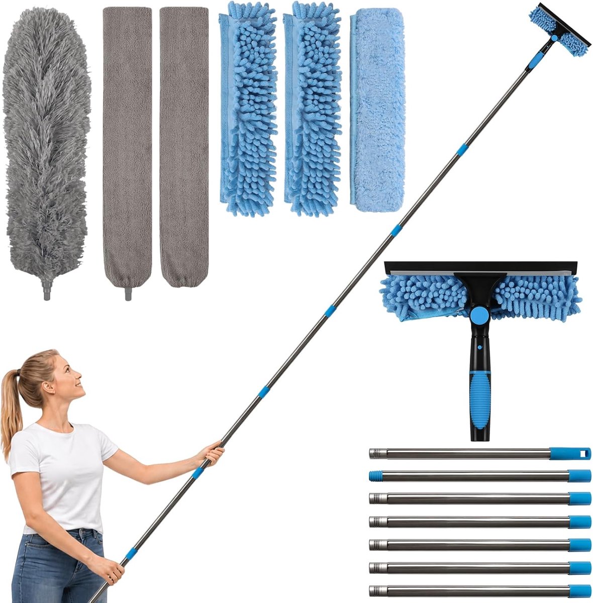 SnelShoppen - 2,9 M Telescopische Ruitenwisser-Trekkerset - 2-in-1 Stofveger Telescoop - Raamreiniging, Badkamer, Ramen, Glas, Spiegels, Auto, Uittrek