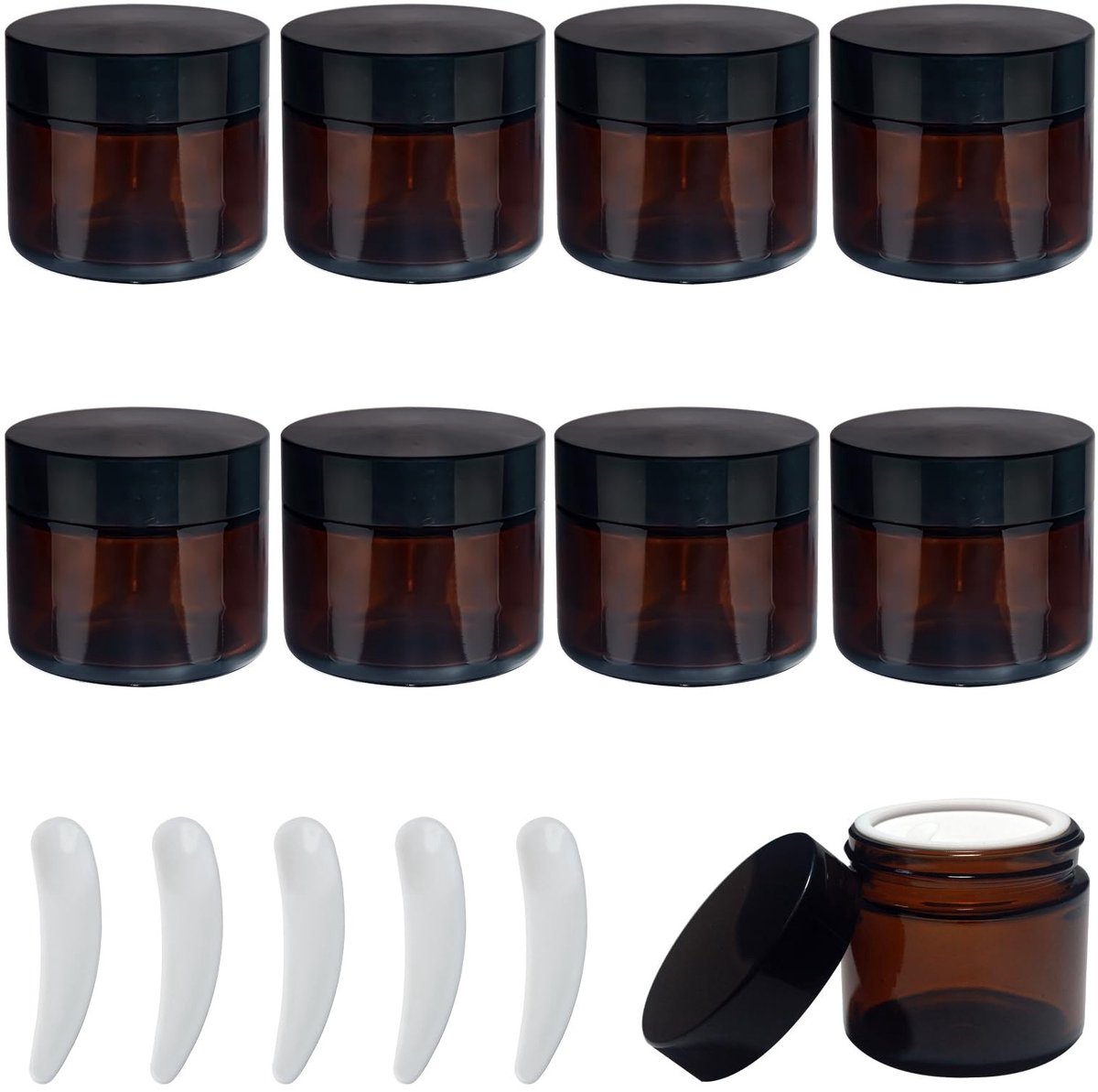 Dailygoods- Zalfpotjes 9 stuks - Bruine Glazen Potjes - 50 ml Crèmepotjes - Reismonstercontainers - UV-beschermend - Met Deksel - Cosmeticapotjes