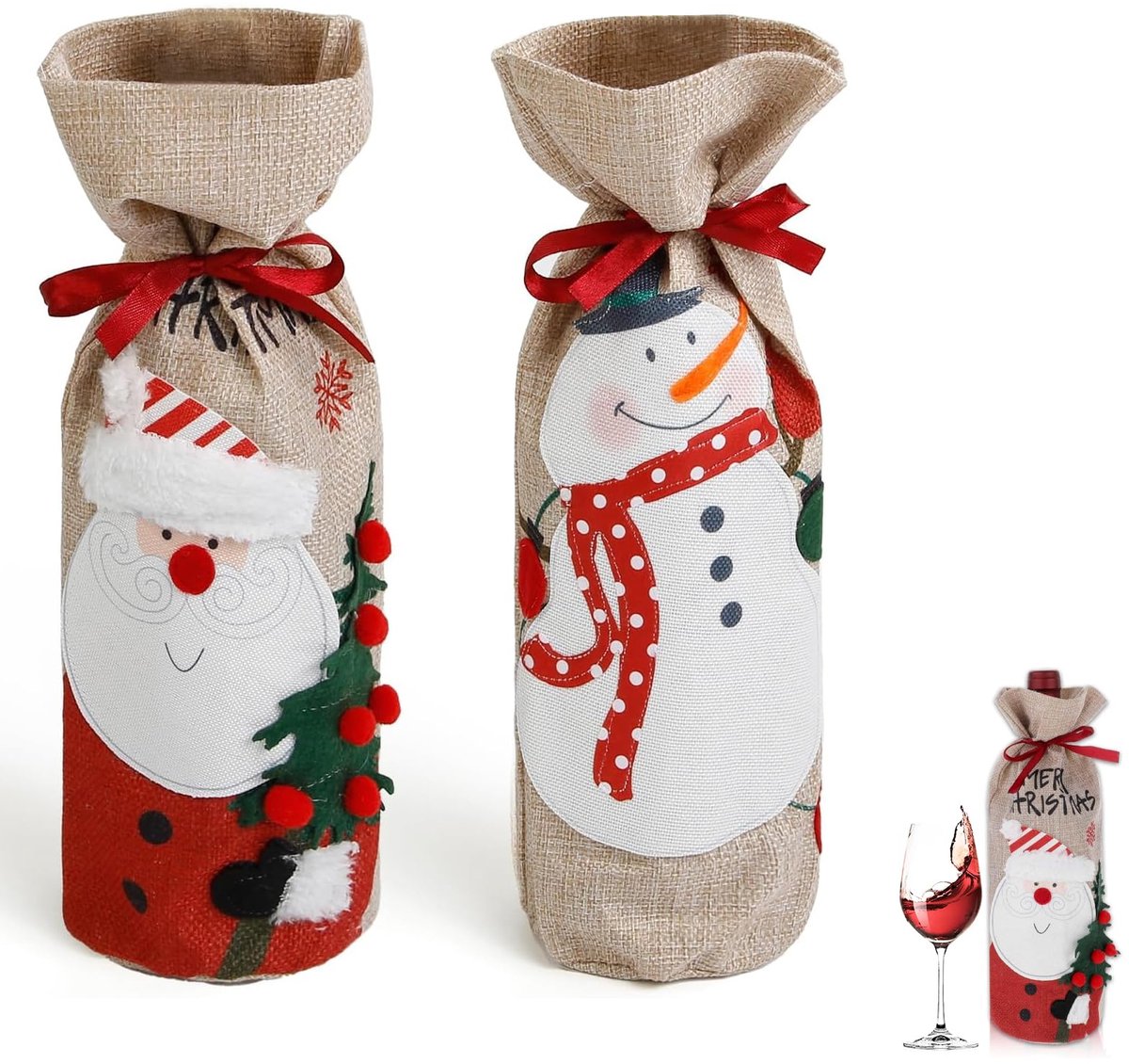 Dailygoods - 2 Stuks Kerst Wijn Tasjes van Jute - Herbruikbare Flessen Covers