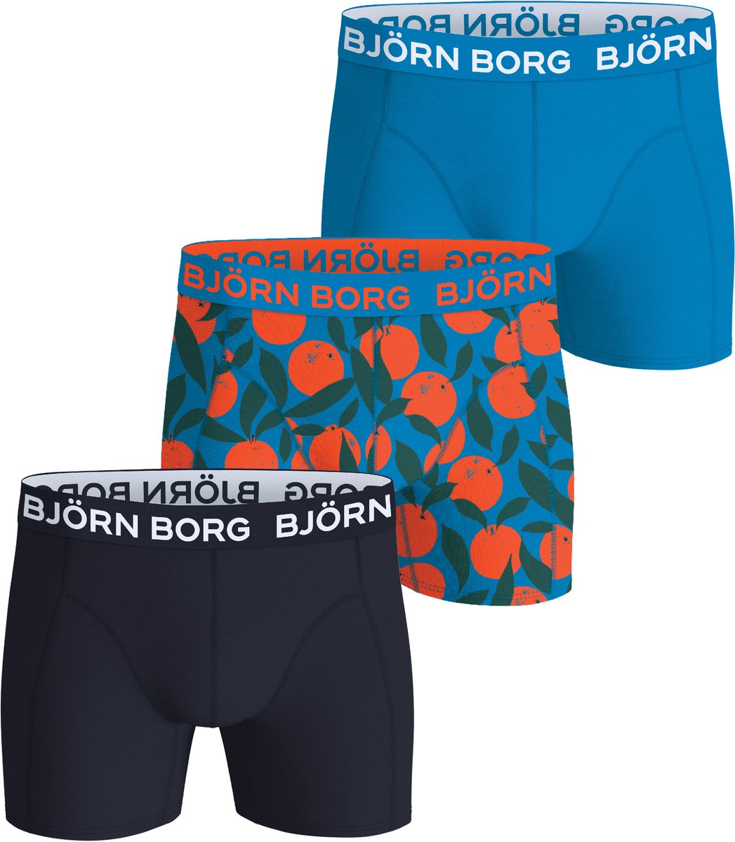 Björn Borg Cotton Stretch boxers - heren boxers normale lengte (3-pack) - donkerblauw - sinaasappelprint en kobaltblauw
