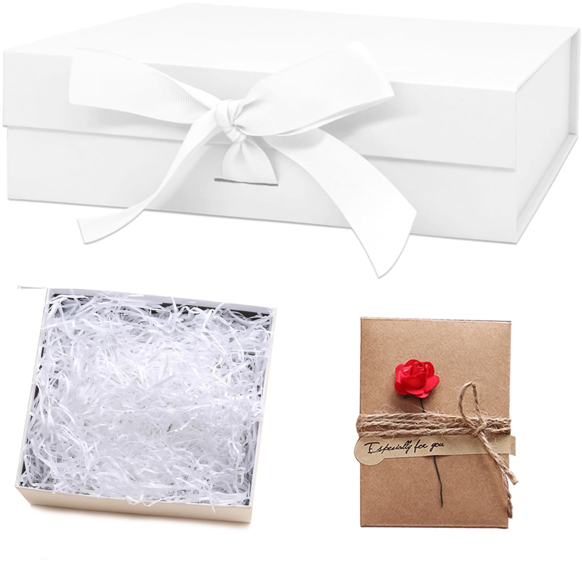 Dailygoods - Geschenkdoos - Luxe geschenkdozen - Wit - Magnetische doos met deksel - Verjaardag, bruiloft, kerst - Inclusief lint en wenskaarten - Gro...