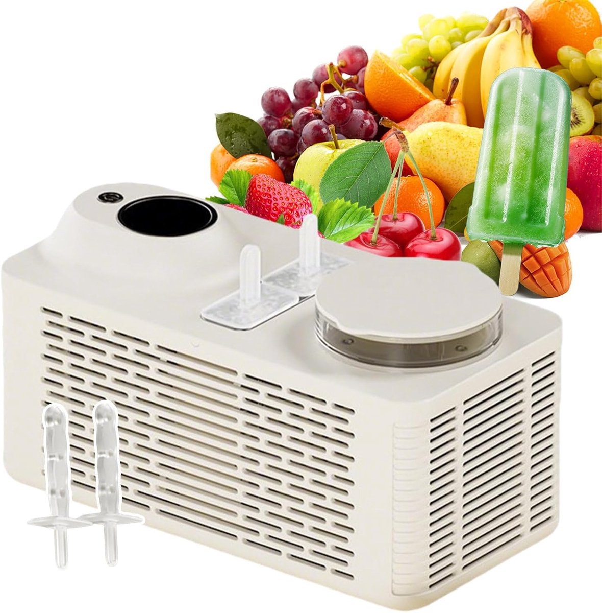 Draagbare mini-ijsmachine – Snelle 12V-ijsmachine voor thuis, in de auto, camper en op de camping – Maakt ijsjes in 30 minuten, dubbele stroomvoorziening voor roadtrips en buitenactiviteiten.