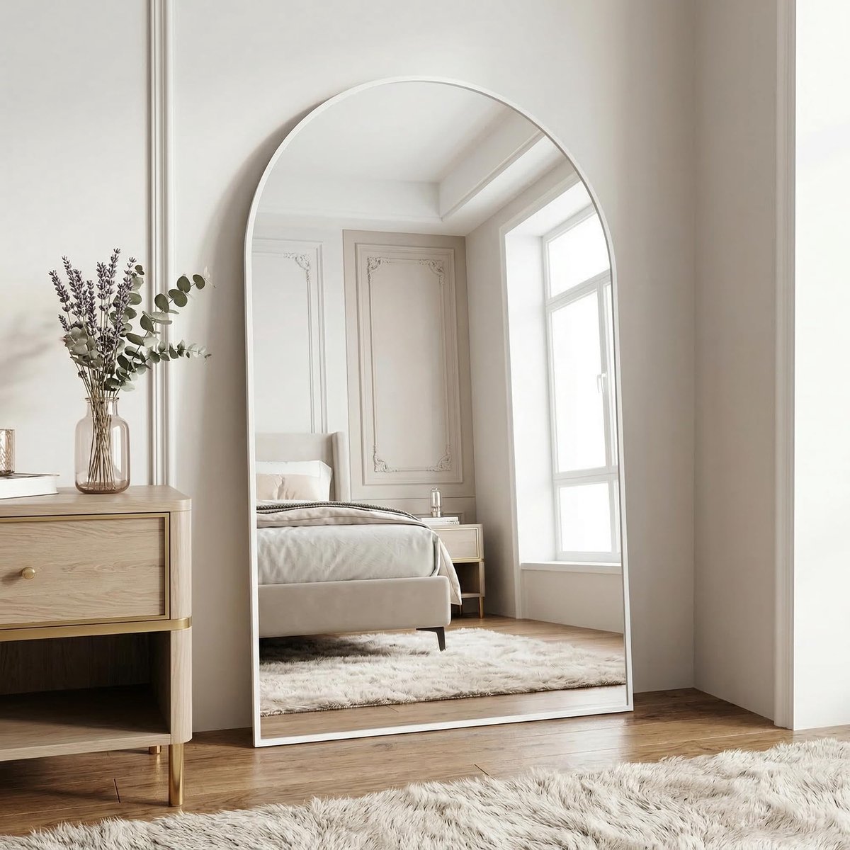 SnelShoppen - Wandspiegel met Boog Wit 120 x 80 cm - Onbreekbaar Aluminiumlegering - Staande en Hangende Spiegel voor Slaapkamer, Badkamer en Toilet