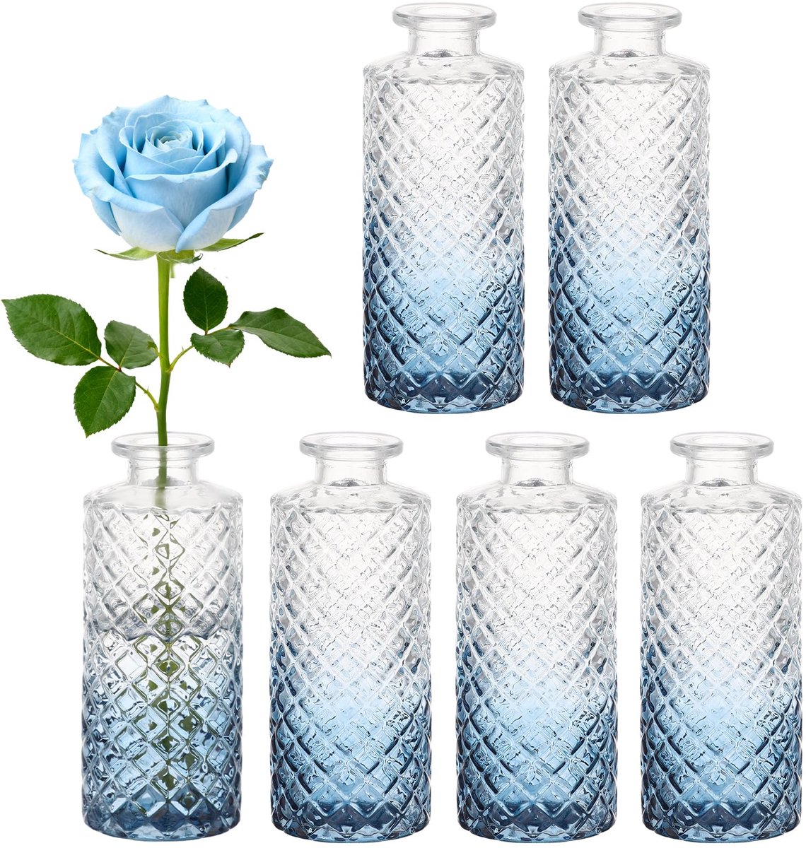 SnelShoppen - 6 Mini Glazen Vazen Set, Vintage Blauwe Verloop, Perfect voor Bruiloftsdecoratie, Tafeldecoratie en Woondecoratie
