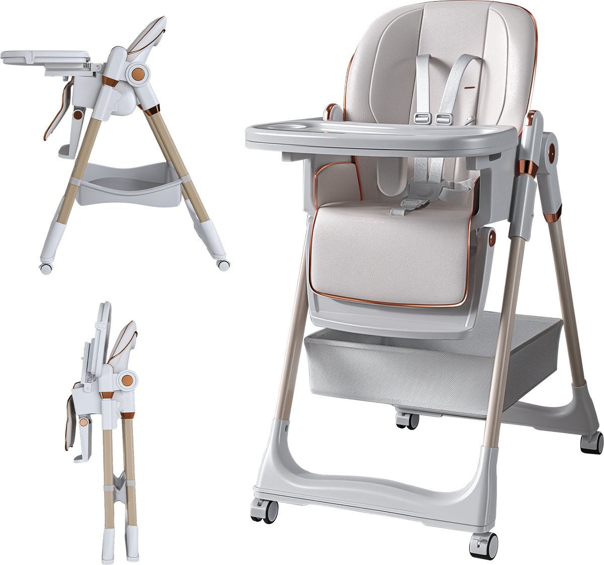Kinderstoel - Draagbare kinderstoel - Stoel - Met veiligheidsgordel, stille vergrendelbare wielen, maximaal draagvermogen 50 kg - Polypropyleen - 53x76x95cm - Geschikt voor dagelijks gebruik thuis en op reis - Wit