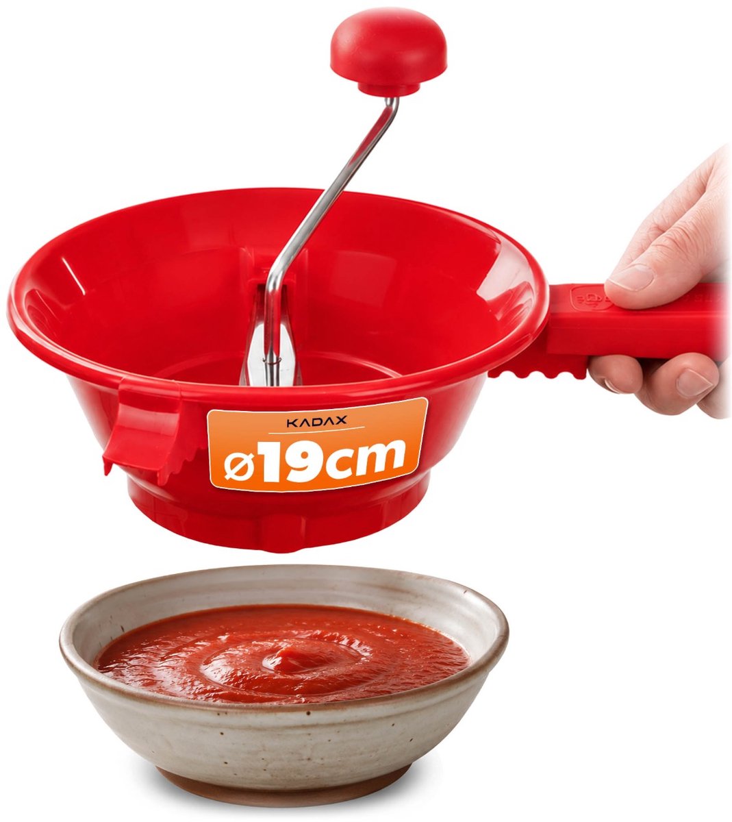 KADAX pureermolen Ø 19 cm, handmatige groentemolen van kunststof, pureermolen voor het pureren van fruit en groenten, pureerzeef voor puree, soepen en babyvoeding