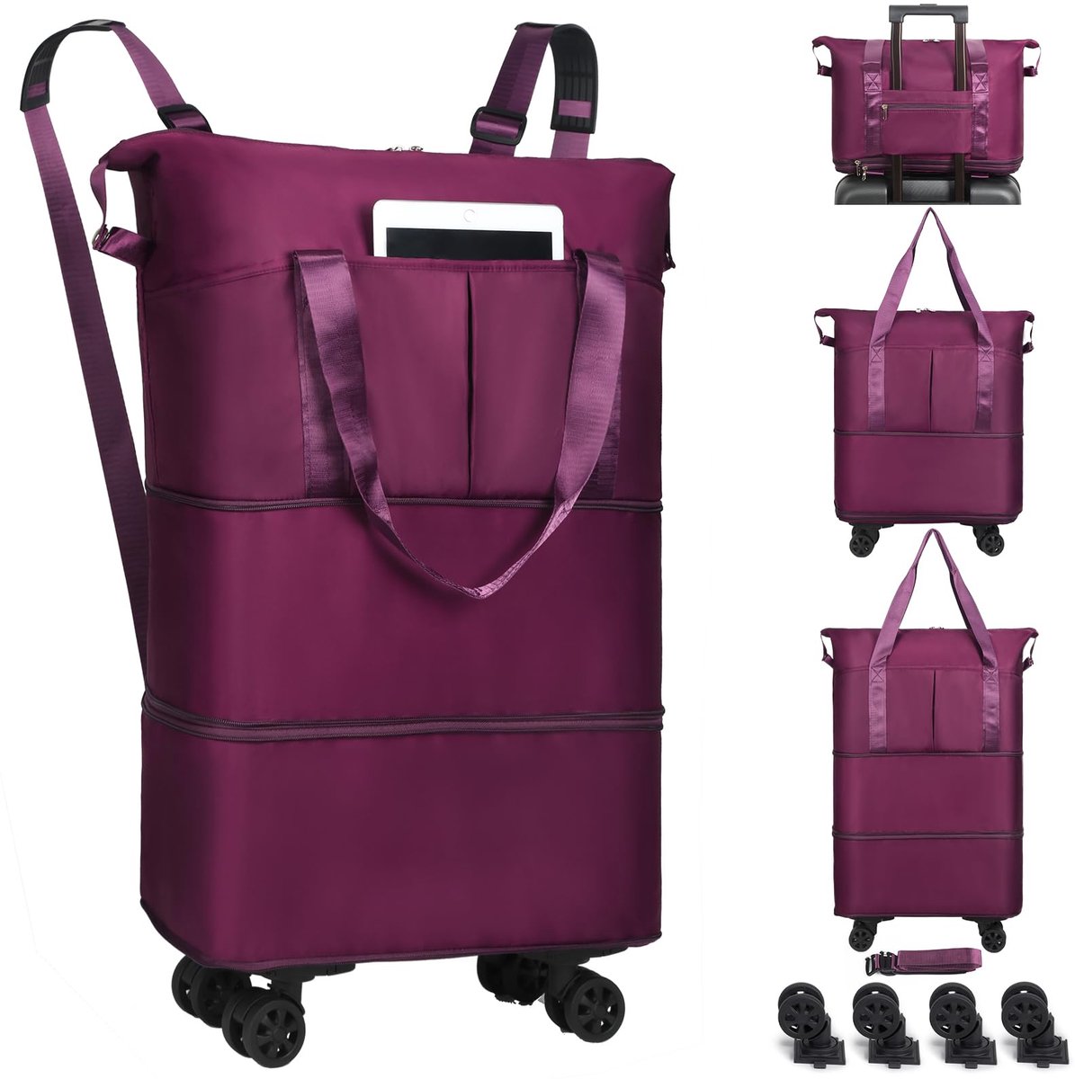 SnelShoppen - VOOWO Sporttas met Wieltjes 28-66L, Opvouwbaar, Uittrekbaar, Grote Weekendtas voor Reizen, Trolley voor Dames en Heren, Intense Paars, 1