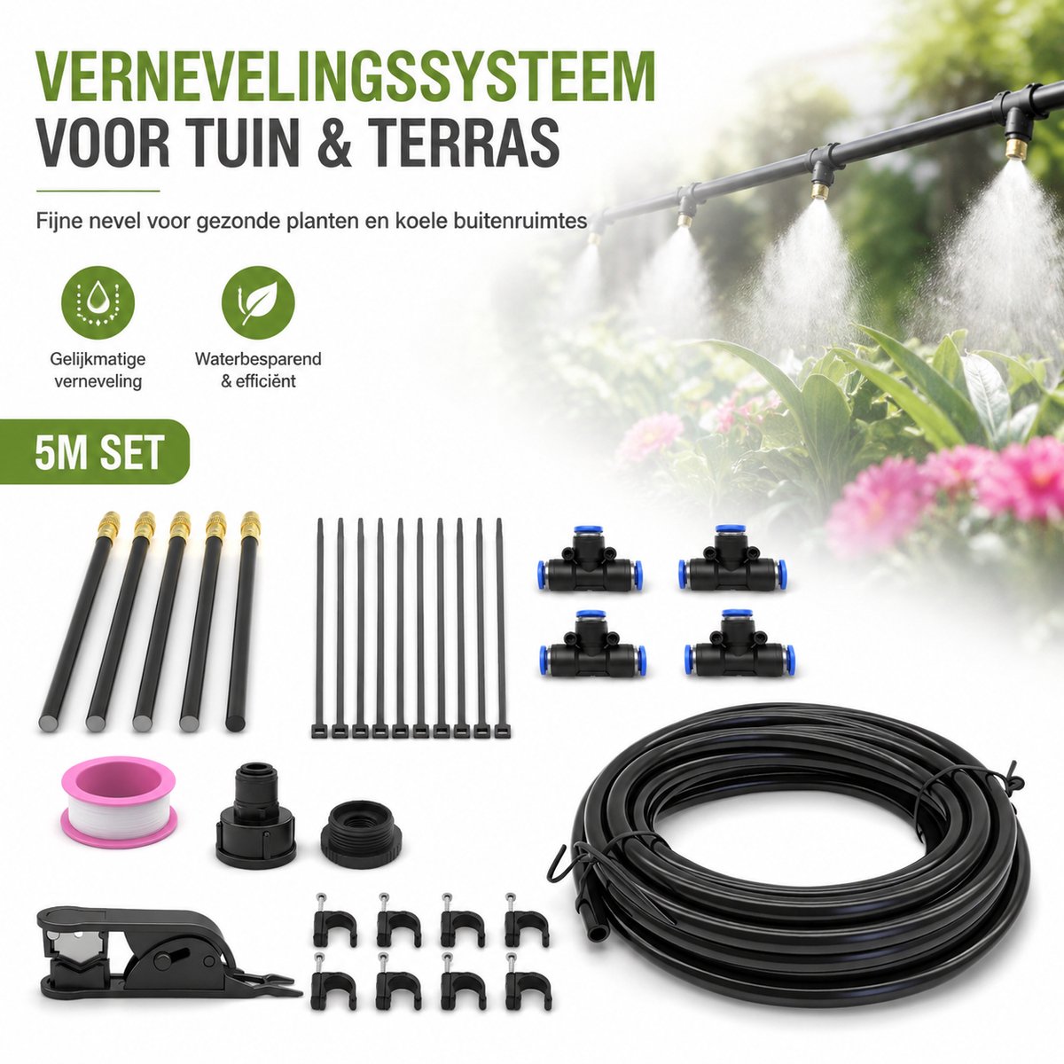 Nevelspuit/Plantensproeier/Irrigatieset–5M Verstelbare Misting Spray Nozzle met PU Slang&5 Verstelbare Spuitkoppen–Voor Tuin,Planten,Kas,Terras,Koeling&Luchtbevochtiging-Incl. Slangknipper, Adapters&Bevestigingsmateriaal–Complete Besproeiingsset