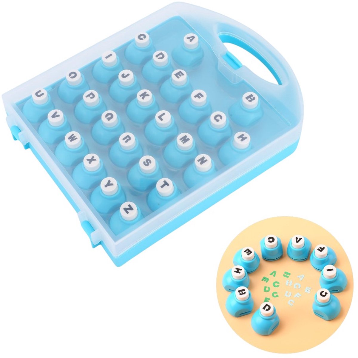 Blauwe letterperforator - DIY knutselbenodigdheden - Set met reliëfletters - Inclusief opbergdoos - Geschikt voor wenskaarten, scrapbooks, knutselprojecten - 27*20,5*4,7 cm