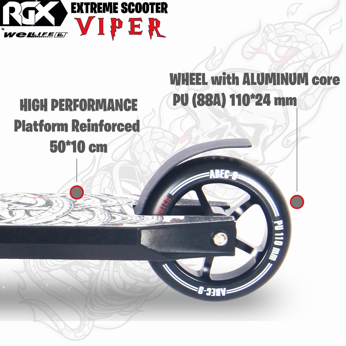 SnelShoppen - Professionele stuntstep voor volwassenen en kinderen, WeLLIFE Freestyle Viper RGX, HIC-stuur, PU-wielen 110mm, aluminium velgen, ABEC9-l