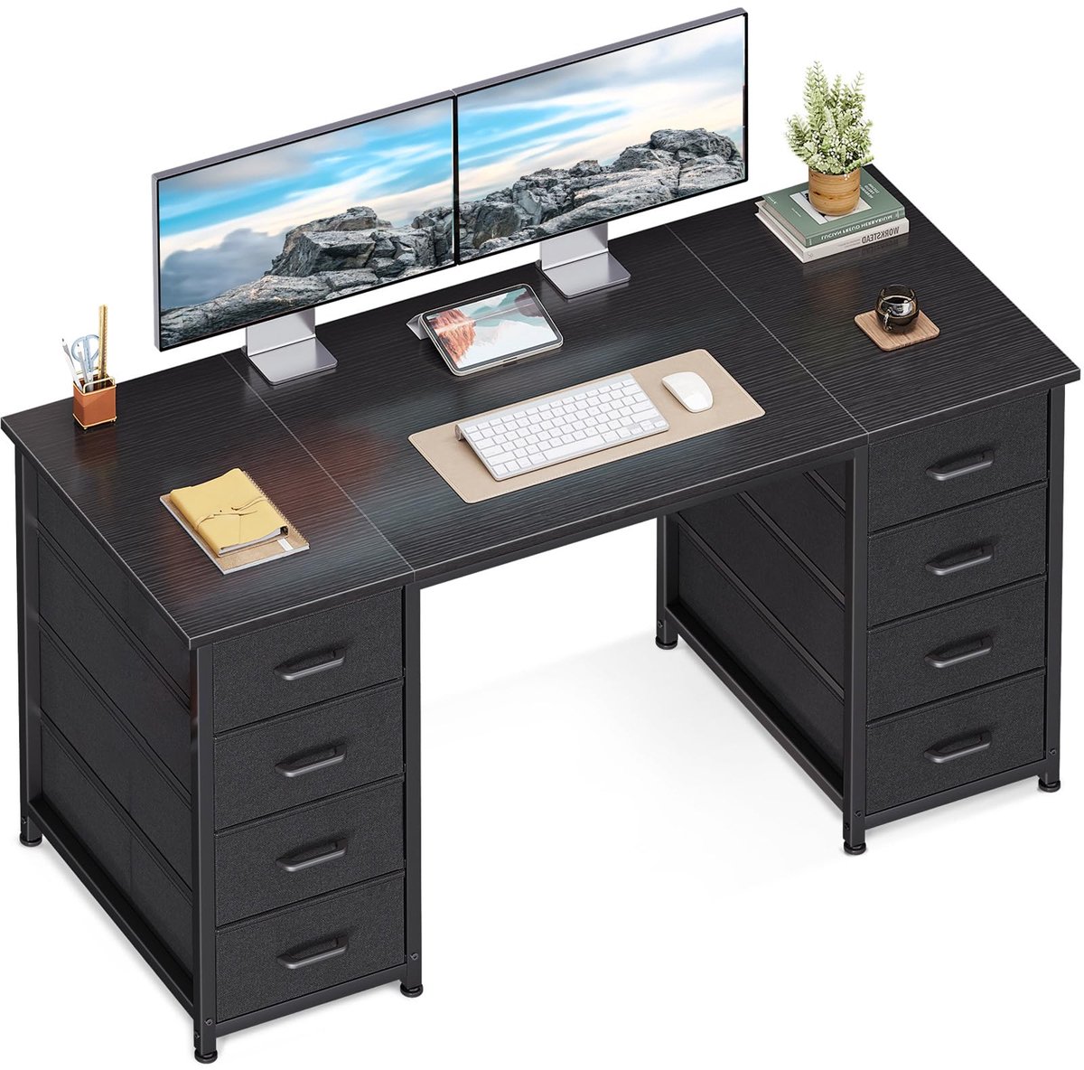 SnelShoppen - Coleshome Bureau met 8 Stoffen Laden, Opbergruimte, Computerbureau 120x48cm Zwart voor Kantoor, Woonkamer, Thuiskantoor