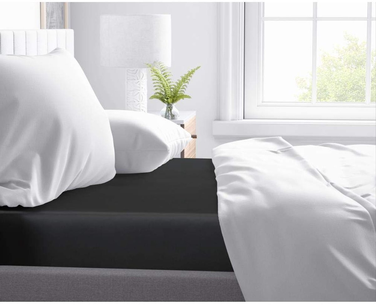 SnelShoppen - Hoeslaken 100% Katoen-Satijn, Zacht als Zijde, Kreukvrij, Perfecte Pasvorm voor Standaard Matrassen tot 30cm, Zwart, Tweepersoons 200 x