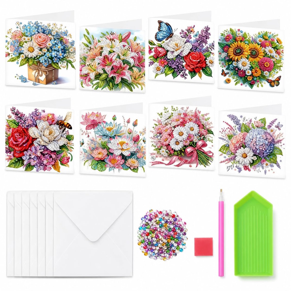 SnelShoppen - Set van 8 DIY Diamond Painting Bloem Wenskaarten met Enveloppen - Creatieve Verjaardagskaarten, Bedankkaarten, Kerstkaarten en Bruilofts
