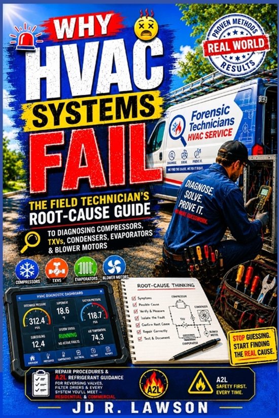 Boekomslag: Een technicus repareert een HVAC-systeem, inclusief diagnosedashboard, stroomschema en de titel 'Why HVAC Systems Fail'.