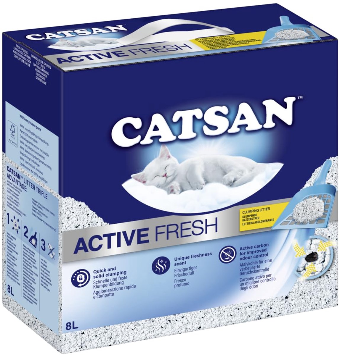 SnelShoppen - Catsan Active Fresh Klontvormende Kattenbakvulling 8L - Geurabsorberend, Klontvormend, Fijnkorrelig, Ideaal voor Huiskatten, Hygiënisch
