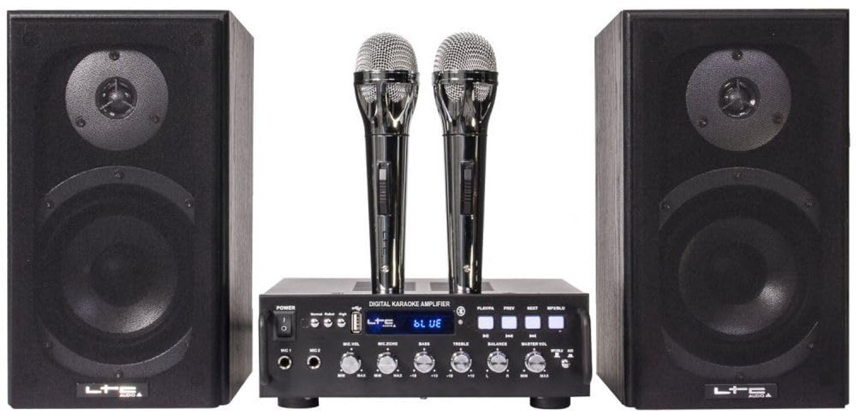 SnelShoppen - Karaoke Set met Versterker, 2 Bekabelde Microfoons, 2 x 75W Luidsprekers - Bluetooth en USB - Zwart voor Feest, Camping en Thuisgebruik